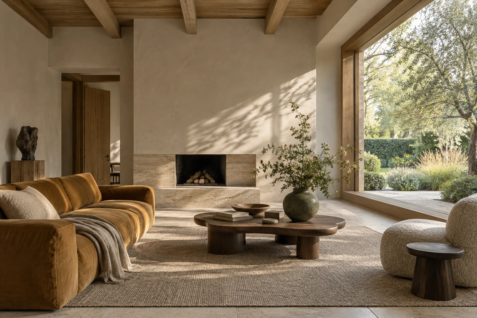 Sunlit oak and travertine living room with a linen sofa and tall garden window