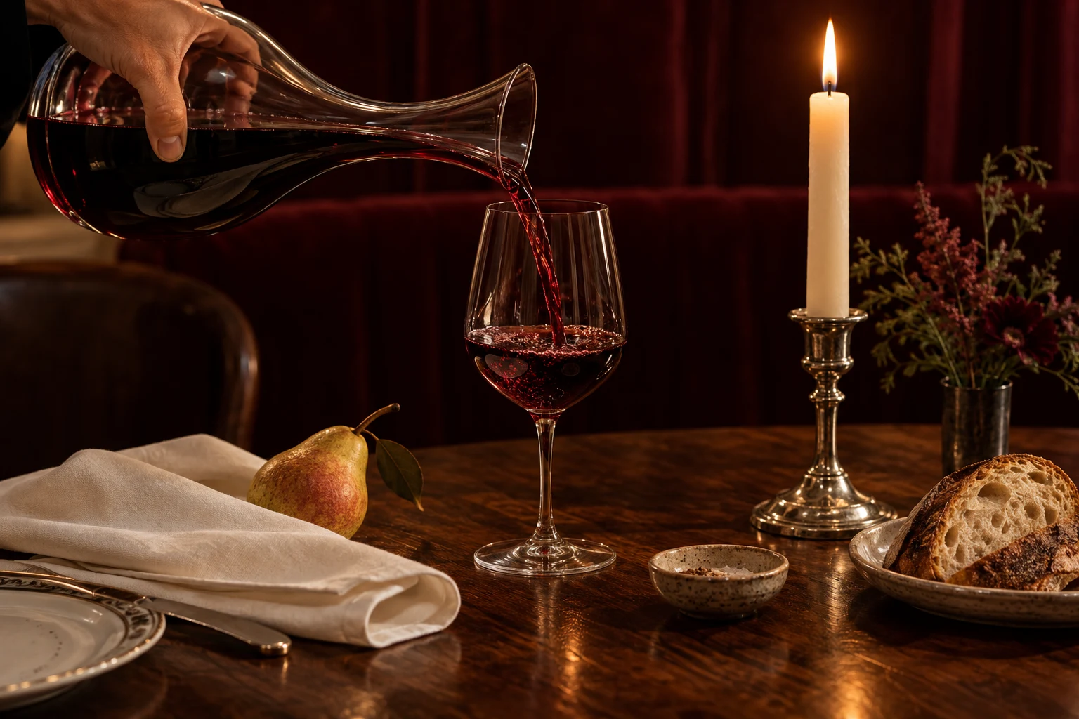 Red wine being poured beside candlelight, a pear and warm sourdough
