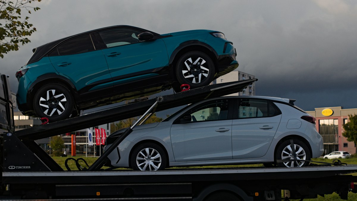 Cars loaded on a car transporter